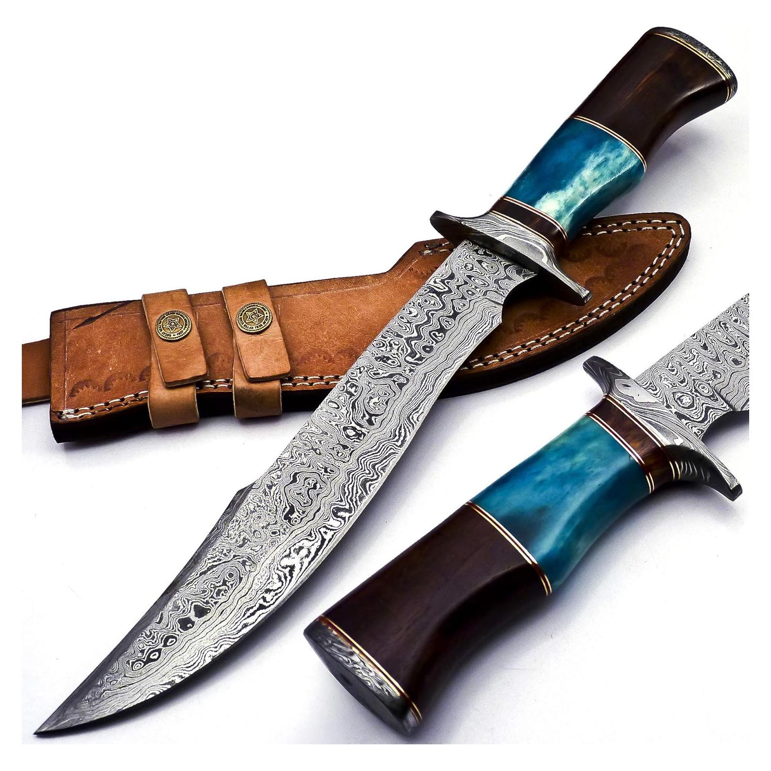 BK-41 Handmade Damascus Steel 15 Inches Bowie Knife - Solid Marindi Wood and Bull Horn Bone Handle With Leather Sheath (Case/Knife May Vary Slightly) (B/Blue)