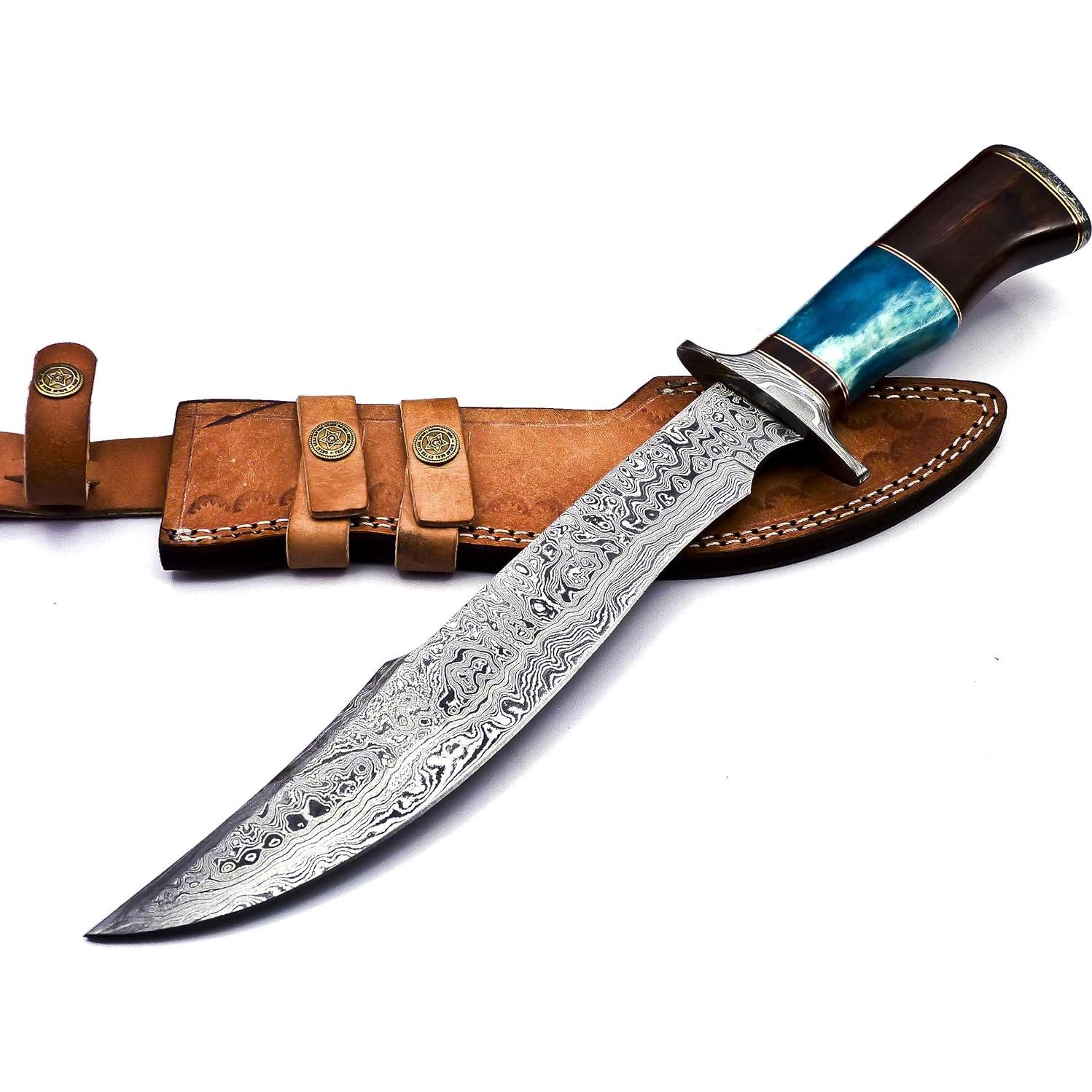 BK-41 Handmade Damascus Steel 15 Inches Bowie Knife - Solid Marindi Wood and Bull Horn Bone Handle With Leather Sheath (Case/Knife May Vary Slightly) (B/Blue)