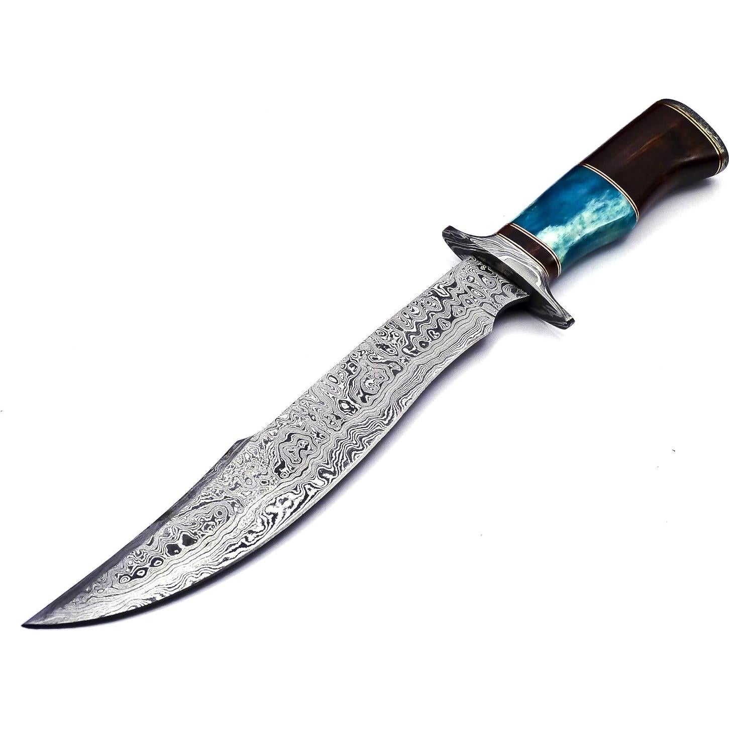 BK-41 Handmade Damascus Steel 15 Inches Bowie Knife - Solid Marindi Wood and Bull Horn Bone Handle With Leather Sheath (Case/Knife May Vary Slightly) (B/Blue)