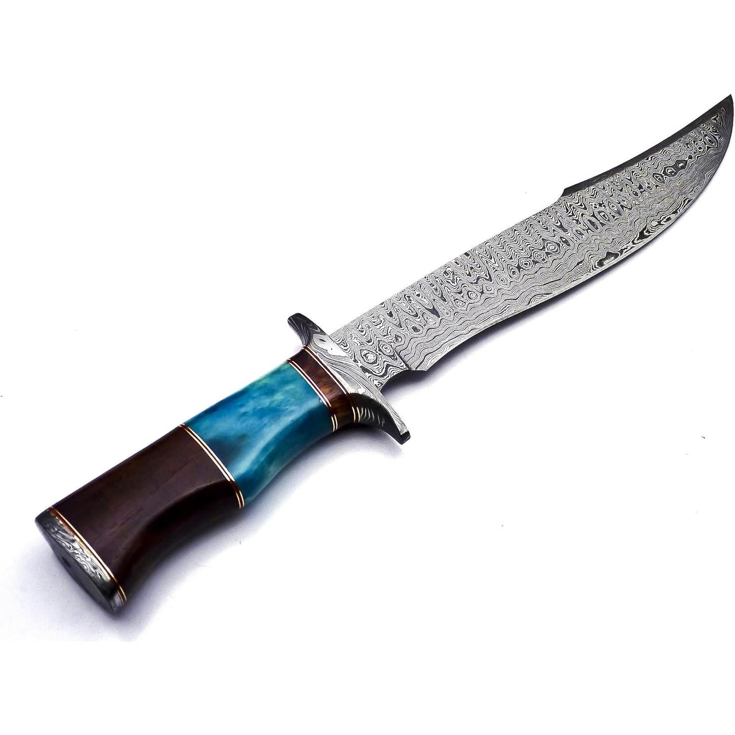 BK-41 Handmade Damascus Steel 15 Inches Bowie Knife - Solid Marindi Wood and Bull Horn Bone Handle With Leather Sheath (Case/Knife May Vary Slightly) (B/Blue)