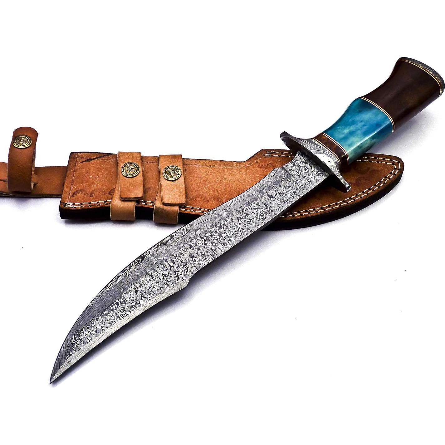 BK-41 Handmade Damascus Steel 15 Inches Bowie Knife - Solid Marindi Wood and Bull Horn Bone Handle With Leather Sheath (Case/Knife May Vary Slightly) (B/Blue)