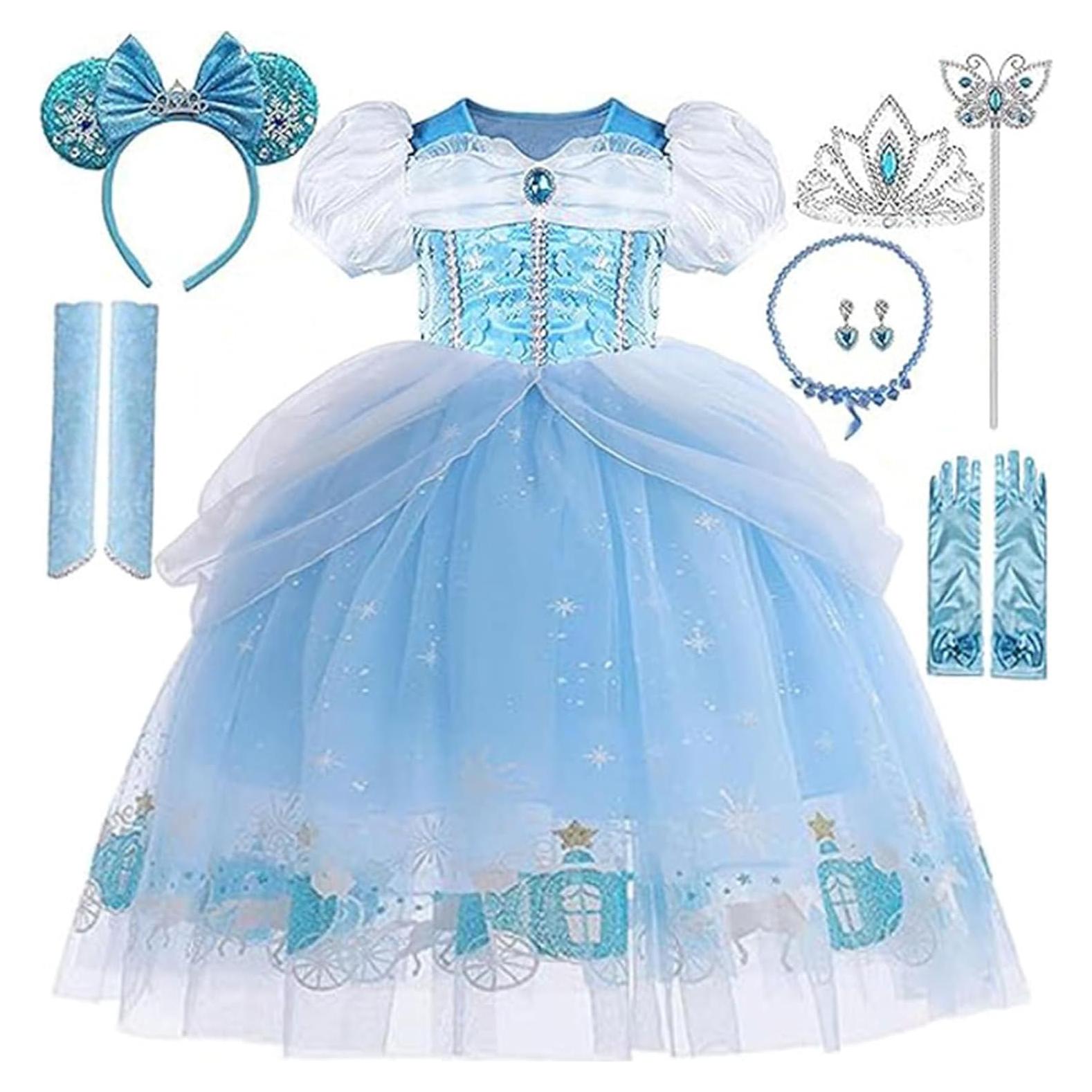 Vestido de Princesa Azul para Niñas 3-8 Años con Accesorios