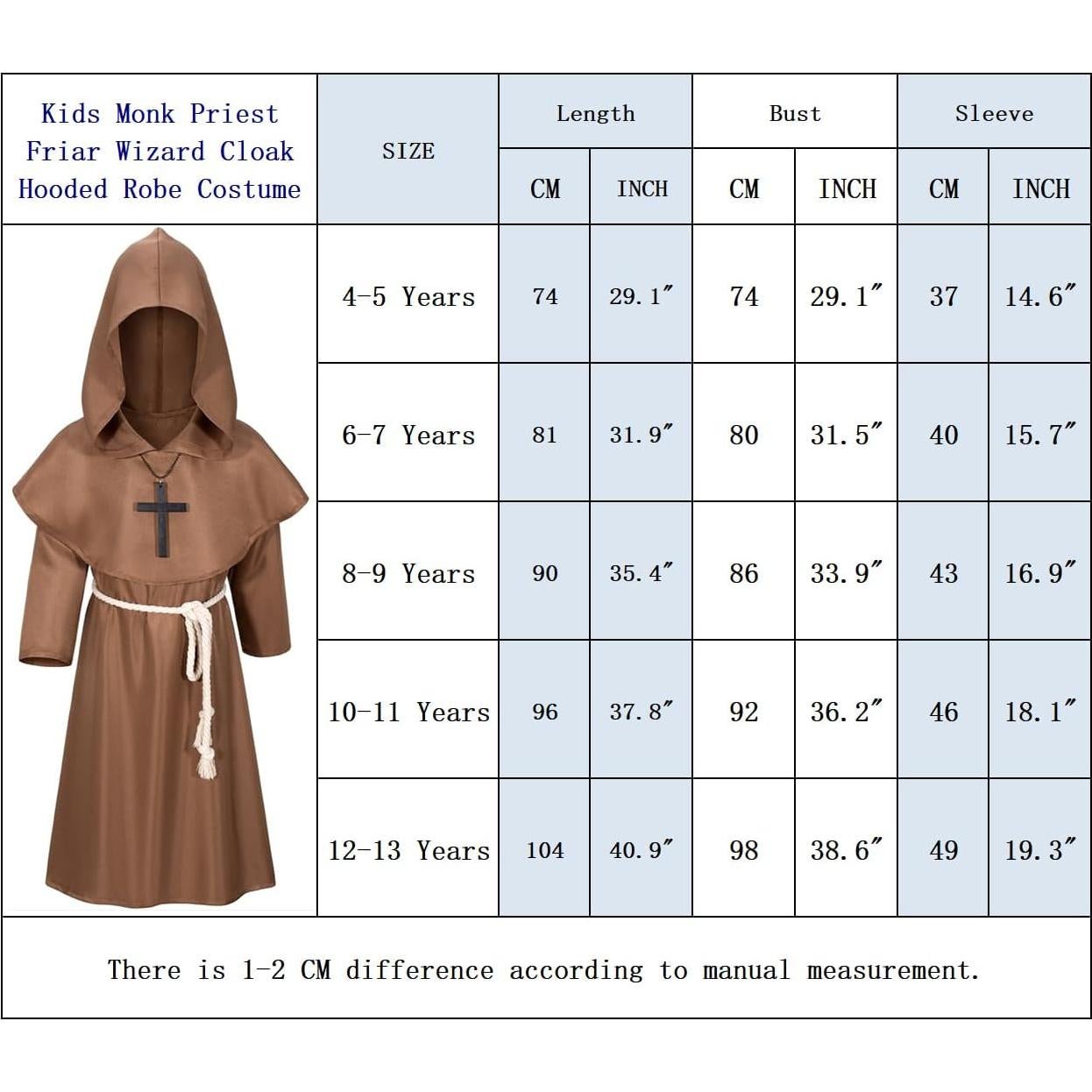 Disfraz de Monje Medieval Renacentista para Niños 10-11 Años
