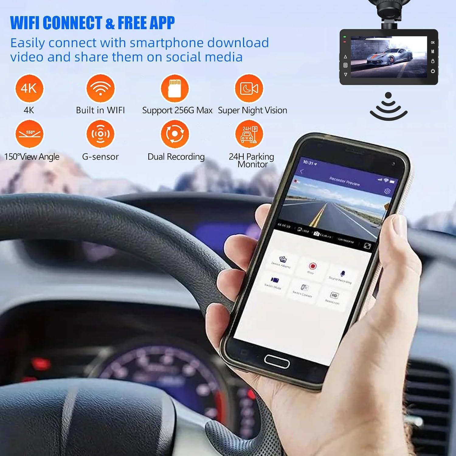 Cámara Dash 4K Delantera y 2K Trasera LNBEI, WiFi, 3"