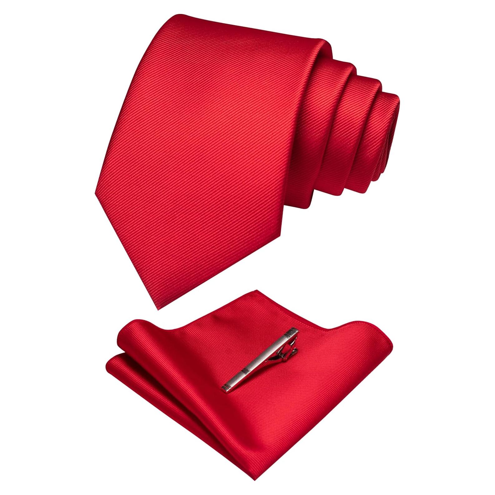 Conjunto Corbata Sólida Rojo + Pañuelo + Clip Hombres