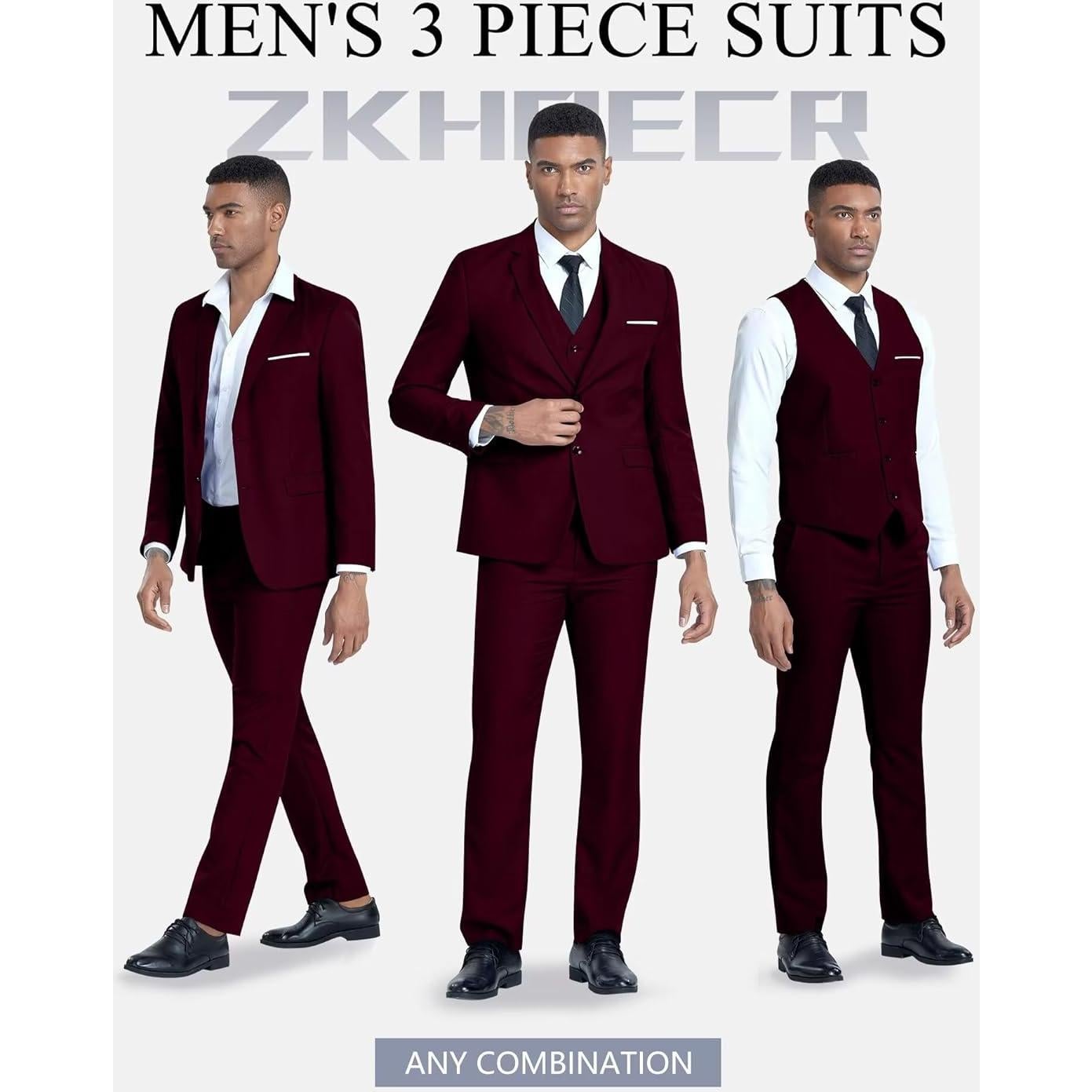 Conjunto de traje slim fit 3 piezas hombre Burdeos - Blazer, chaleco y pantalones
