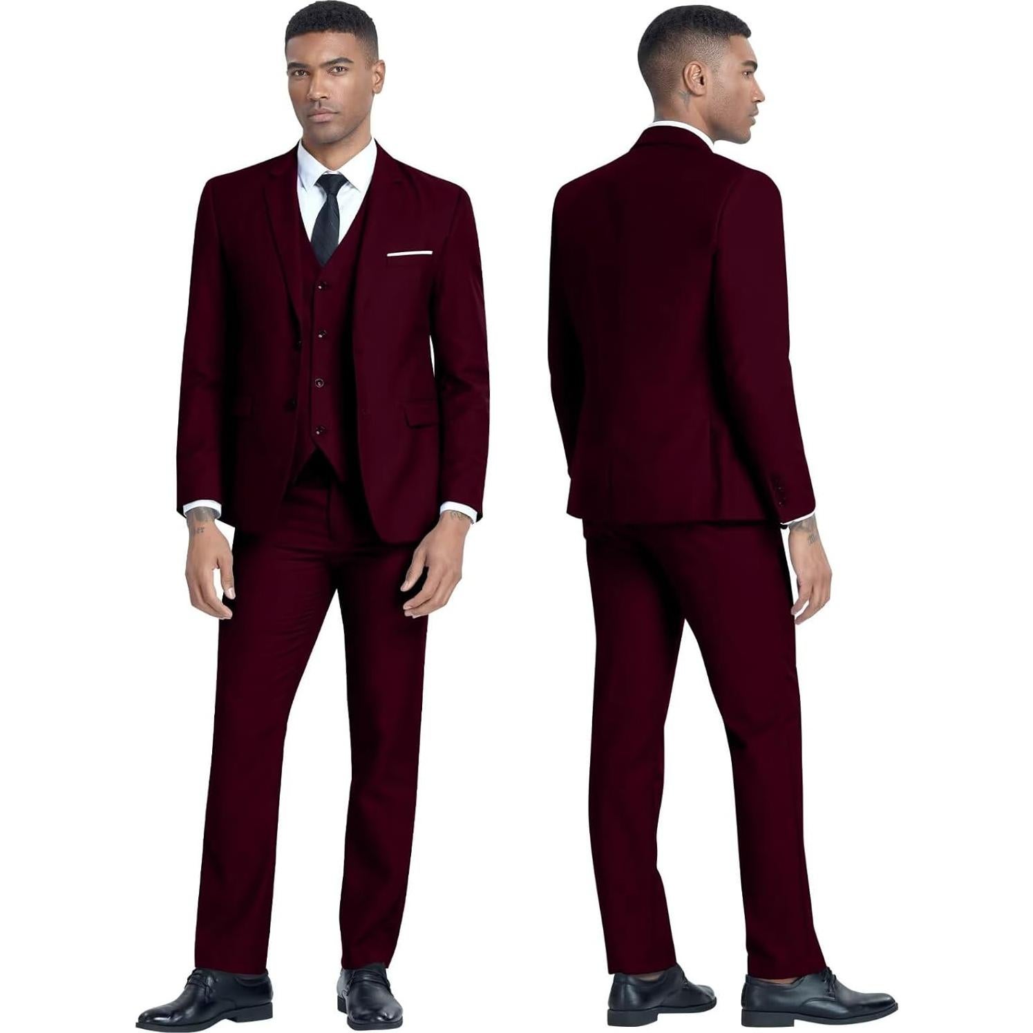 Conjunto de traje slim fit 3 piezas hombre Burdeos - Blazer, chaleco y pantalones