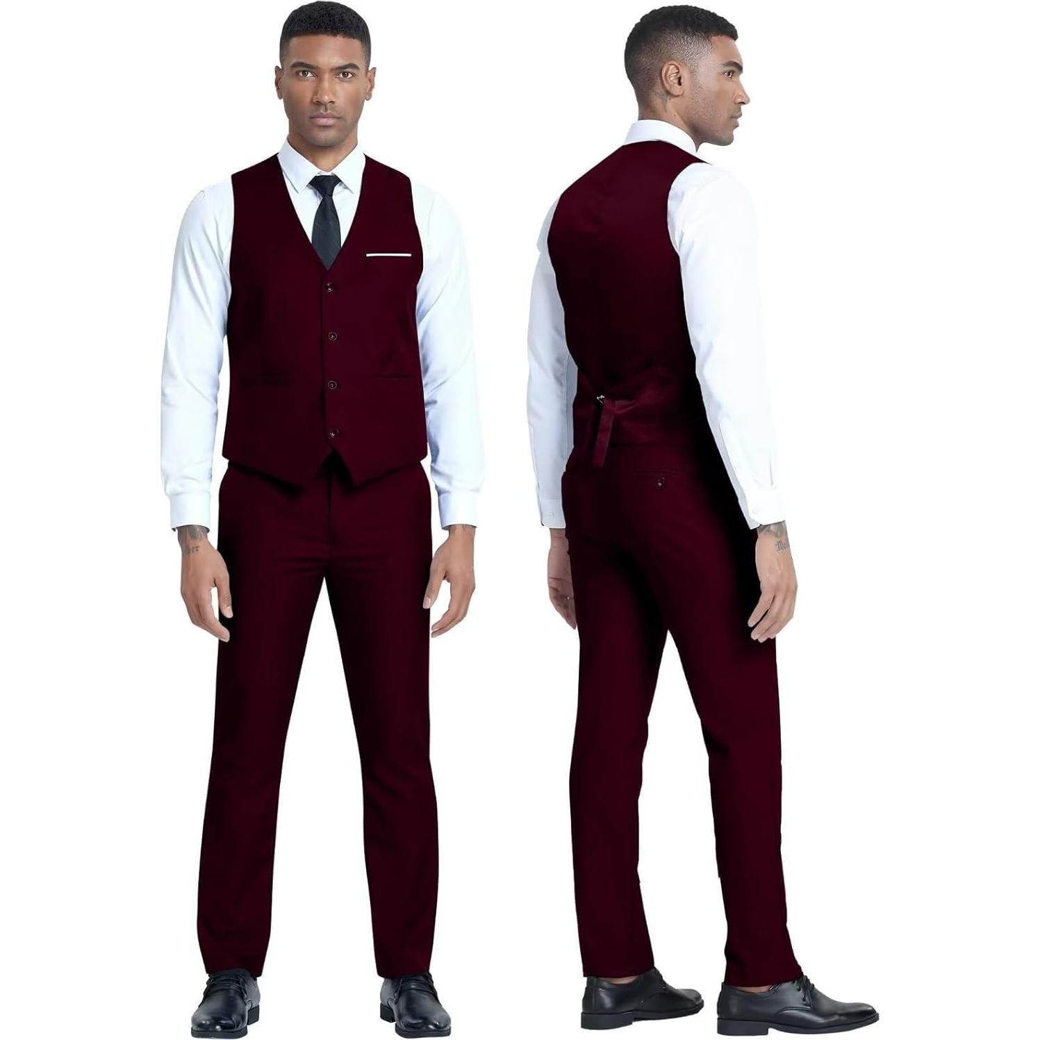 Conjunto de traje slim fit 3 piezas hombre Burdeos - Blazer, chaleco y pantalones