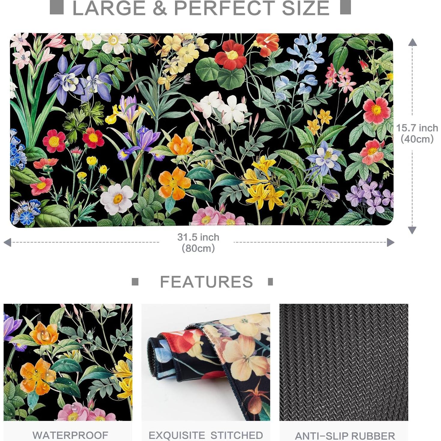 Alfombrilla de escritorio floral negra Lokigo 80x40cm XXL