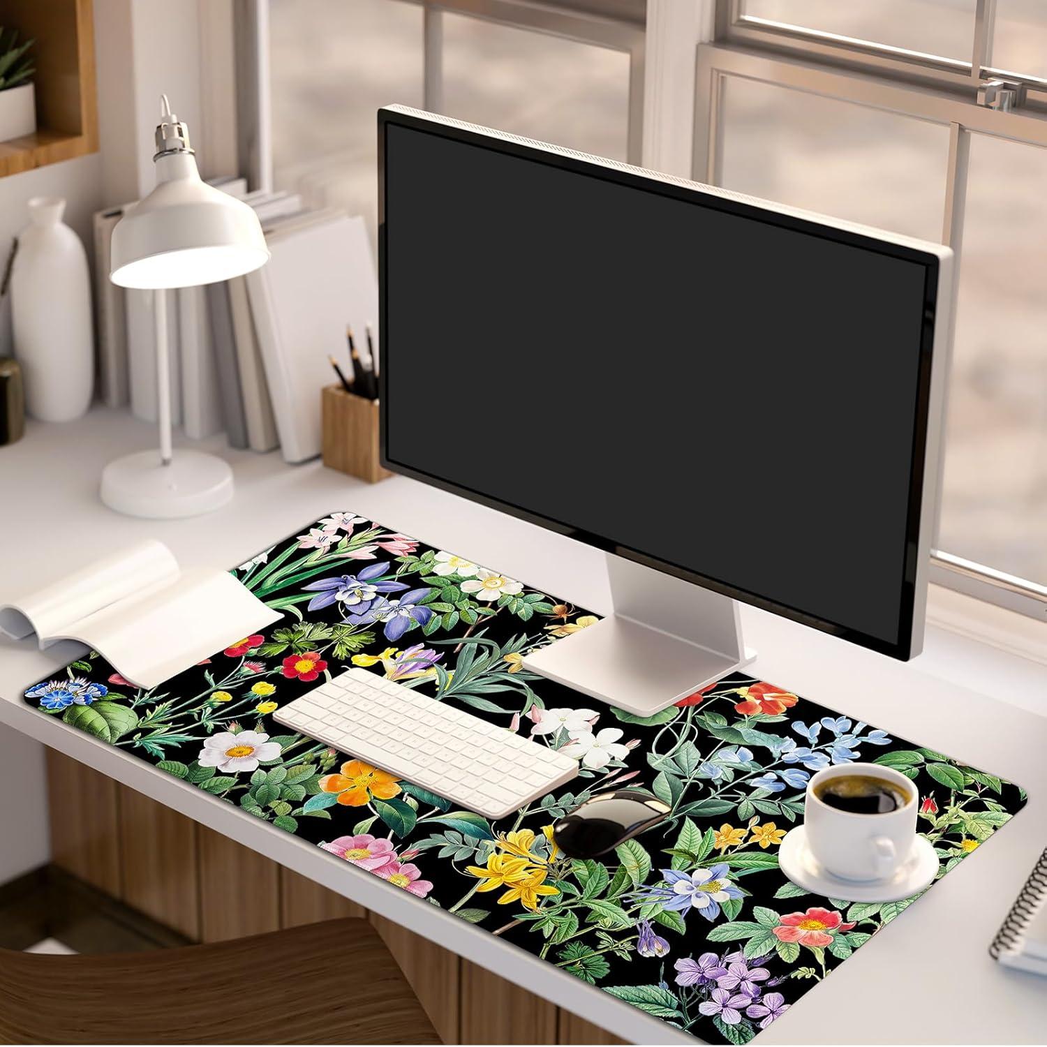 Alfombrilla de escritorio floral negra Lokigo 80x40cm XXL