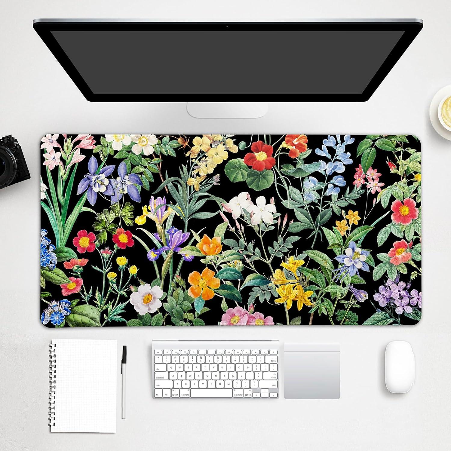Alfombrilla de escritorio floral negra Lokigo 80x40cm XXL