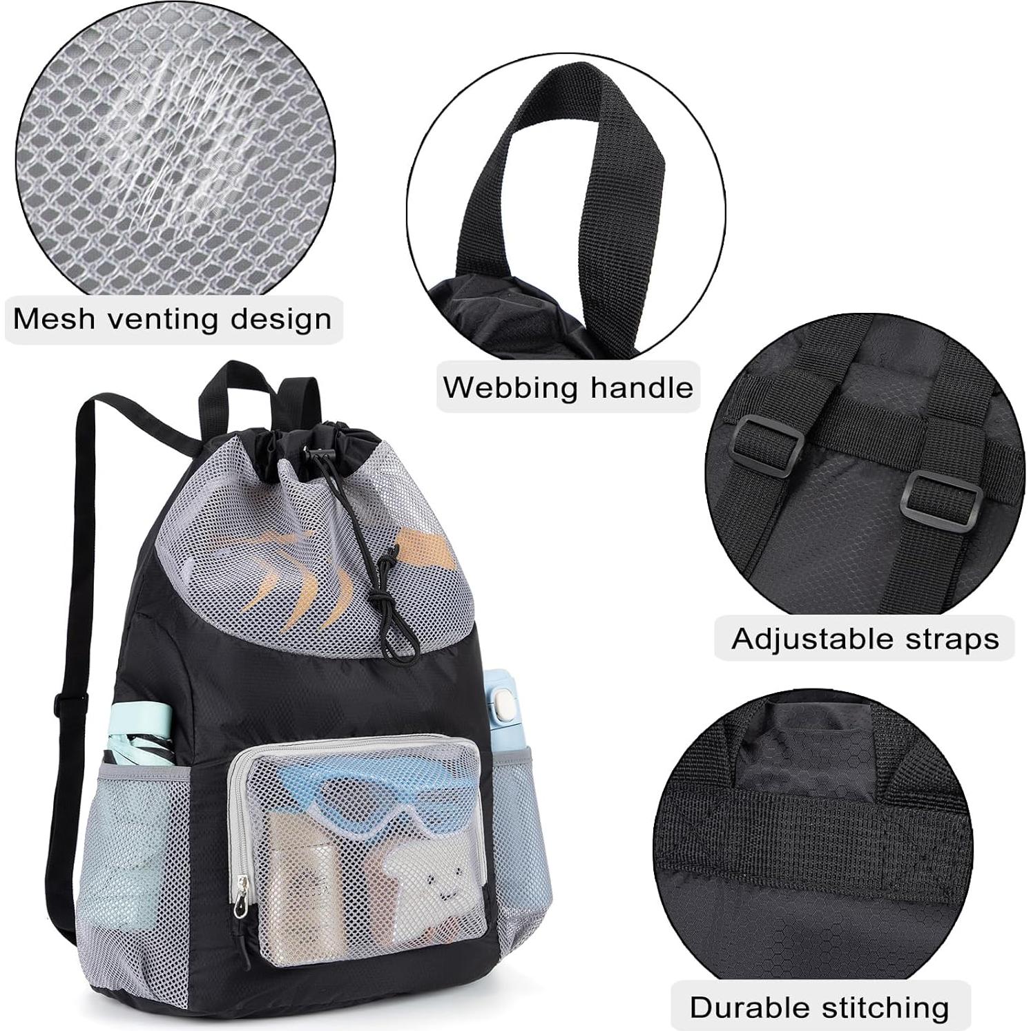 Mochila de natación para niños negra 48x38 cm malla transpirable