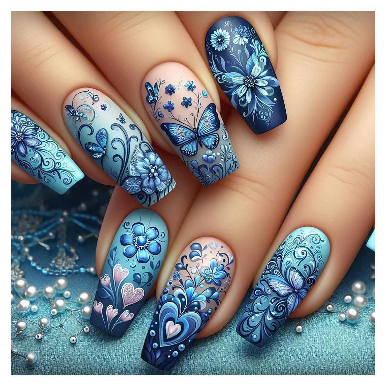 Uñas Postizas Flor Azul 24 Pcs con Diseño Mariposa y Corazón