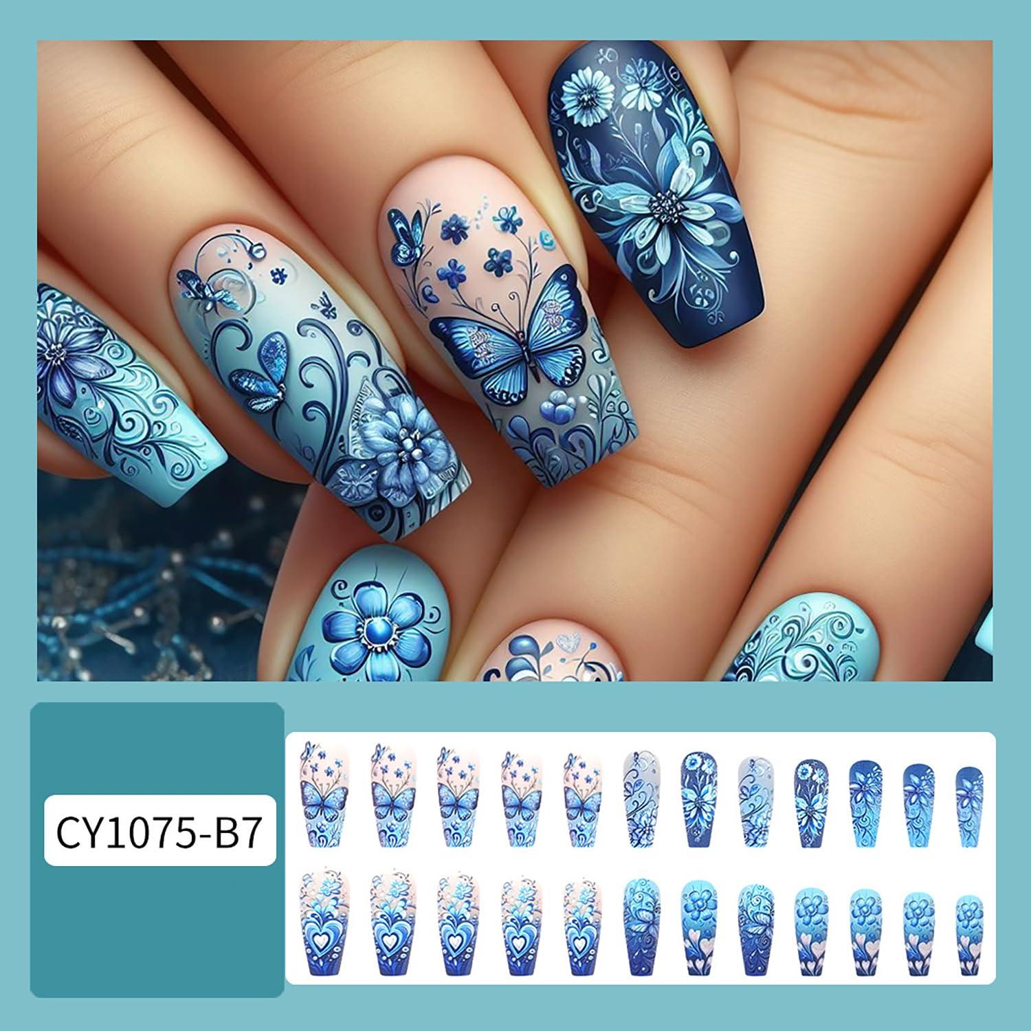 Uñas Postizas Flor Azul 24 Pcs con Diseño Mariposa y Corazón