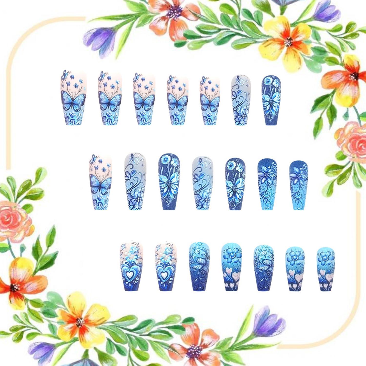 Uñas Postizas Flor Azul 24 Pcs con Diseño Mariposa y Corazón