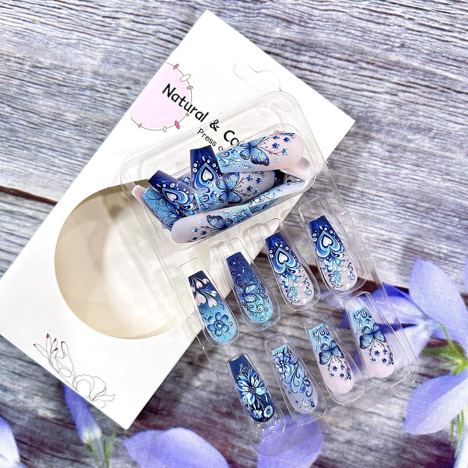 Uñas Postizas Flor Azul 24 Pcs con Diseño Mariposa y Corazón