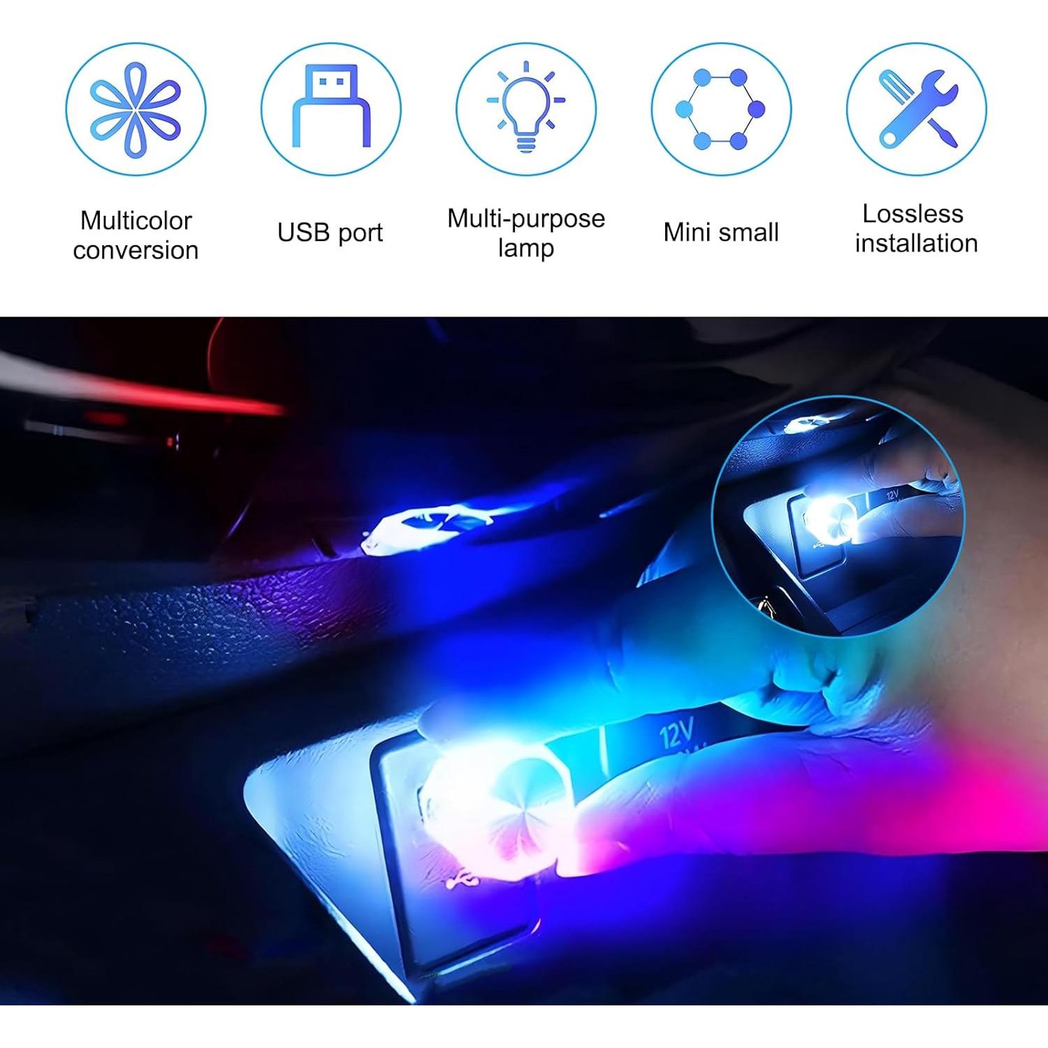 2 PCS Car Interior LED Atmosphere Light, Plug-in Mini USB Interface Wireless Romantic Decoration Night Light, Portable Car Ambient Lighting Kit, Universal for Cars (Blue)