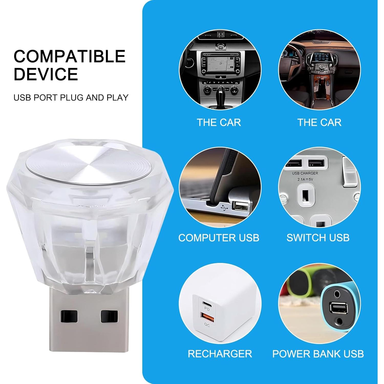 2 PCS Car Interior LED Atmosphere Light, Plug-in Mini USB Interface Wireless Romantic Decoration Night Light, Portable Car Ambient Lighting Kit, Universal for Cars (Blue)