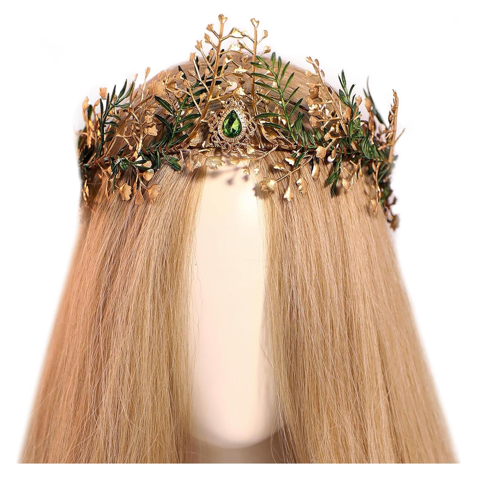 Corona de Flores de Hada MOSTORY Verde-Dorado Hecha a Mano