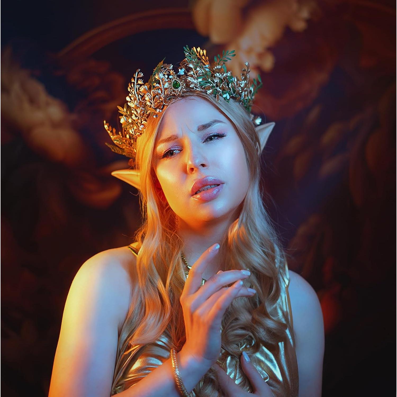 Corona de Flores de Hada MOSTORY Verde-Dorado Hecha a Mano