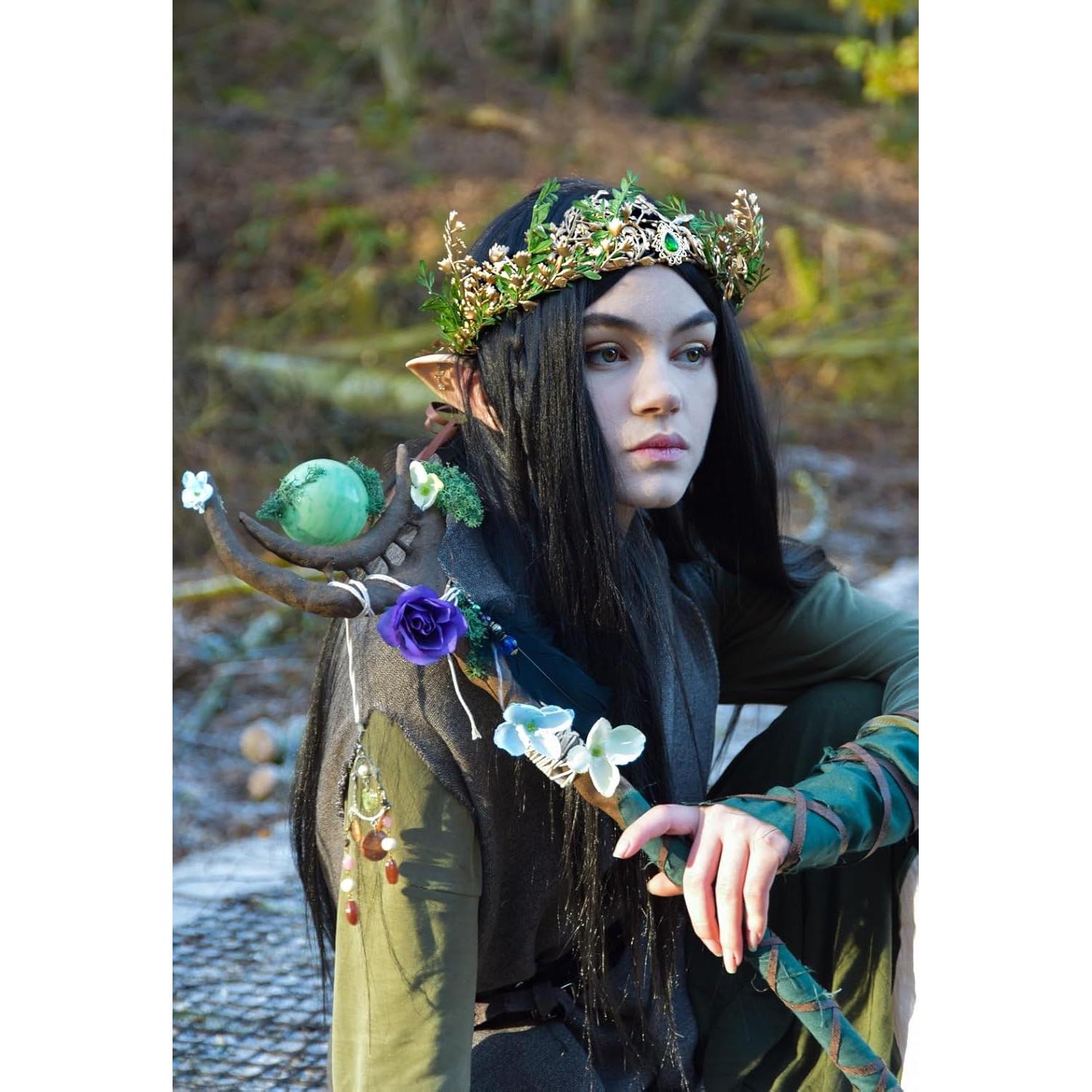 Corona de Flores de Hada MOSTORY Verde-Dorado Hecha a Mano