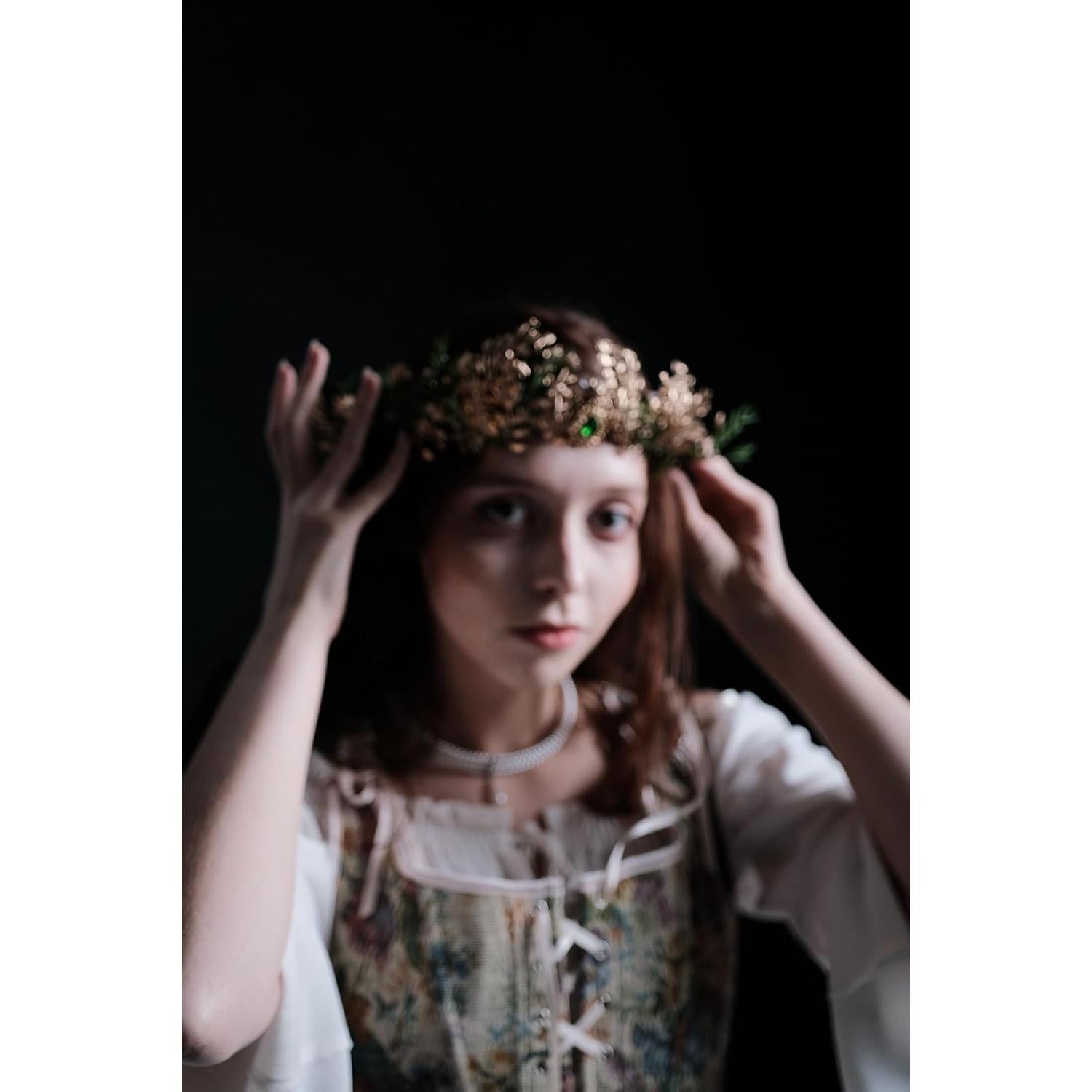 Corona de Flores de Hada MOSTORY Verde-Dorado Hecha a Mano