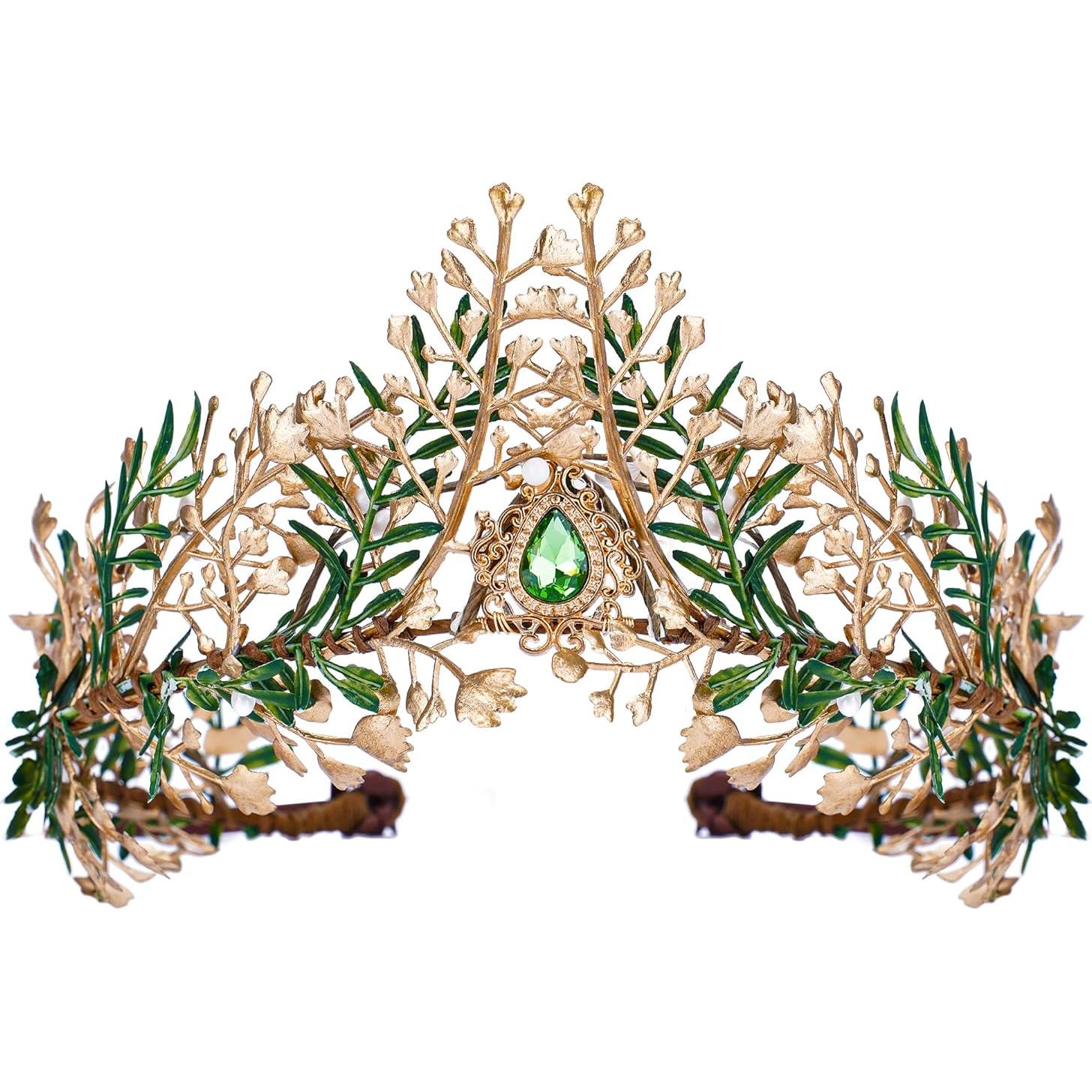 Corona de Flores de Hada MOSTORY Verde-Dorado Hecha a Mano