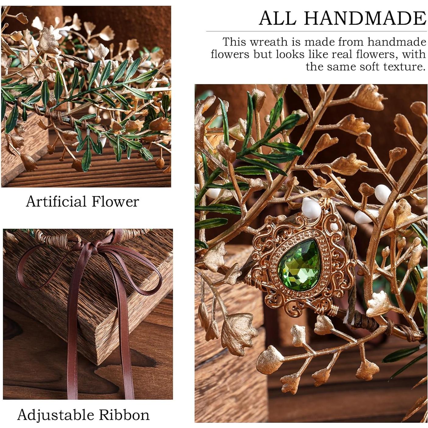 Corona de Flores de Hada MOSTORY Verde-Dorado Hecha a Mano