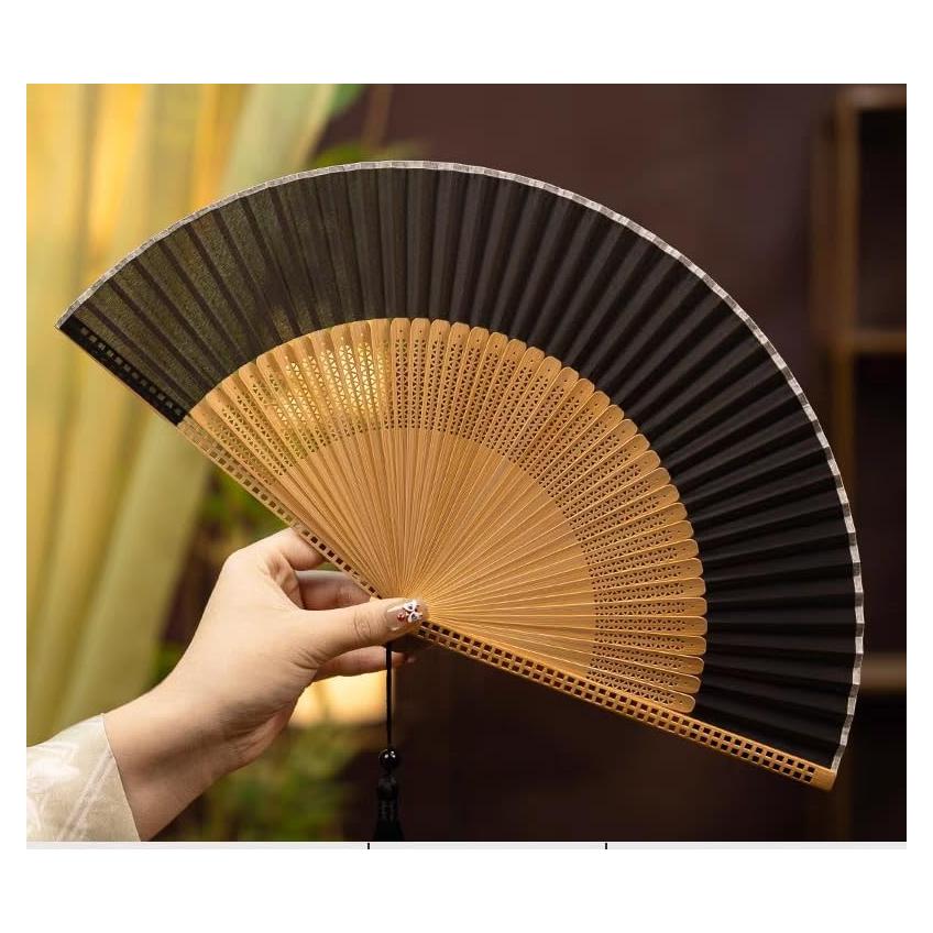 Abanico Plegable de Mano Sarkovos Seda y Bambú 22cm Negro