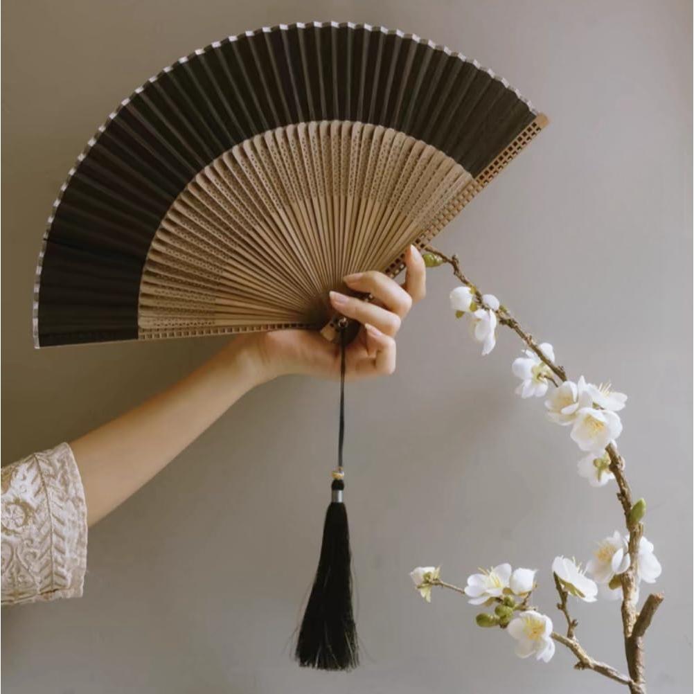 Abanico Plegable de Mano Sarkovos Seda y Bambú 22cm Negro