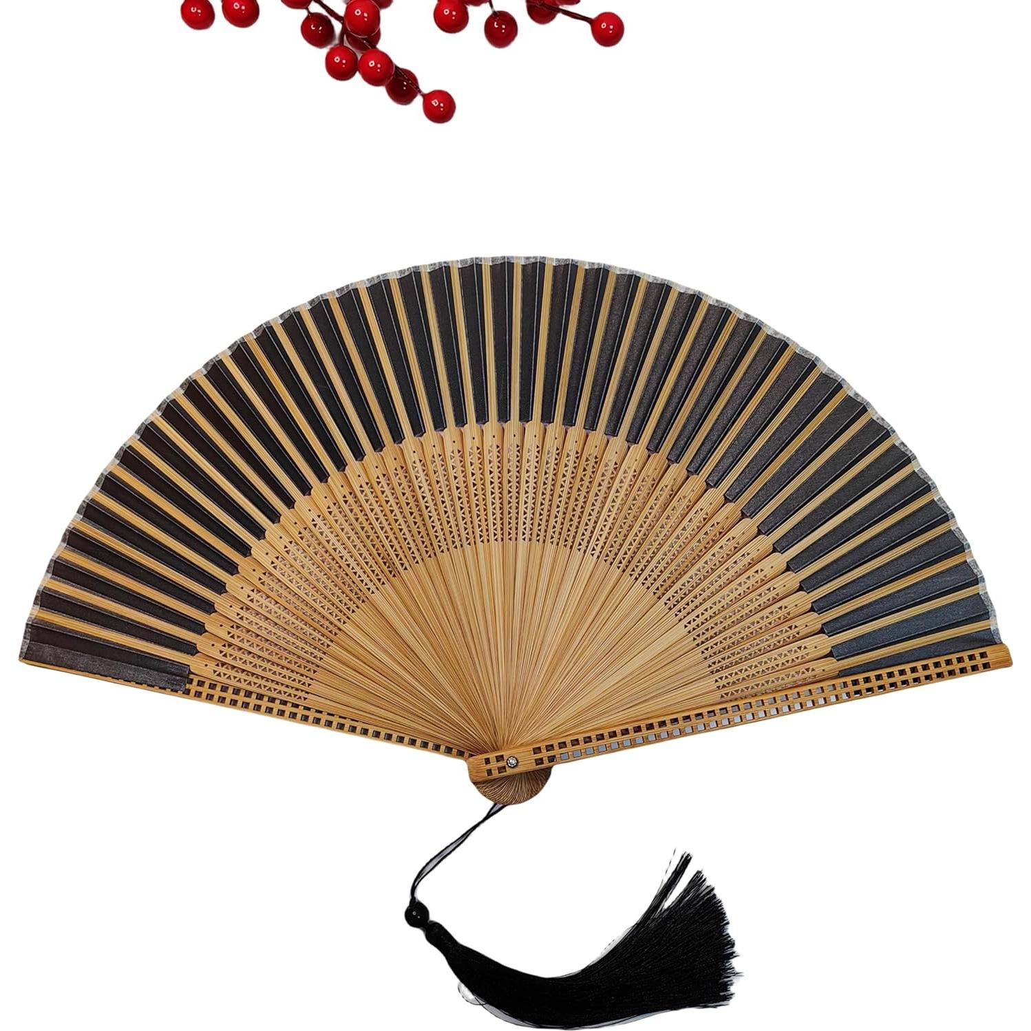 Abanico Plegable de Mano Sarkovos Seda y Bambú 22cm Negro