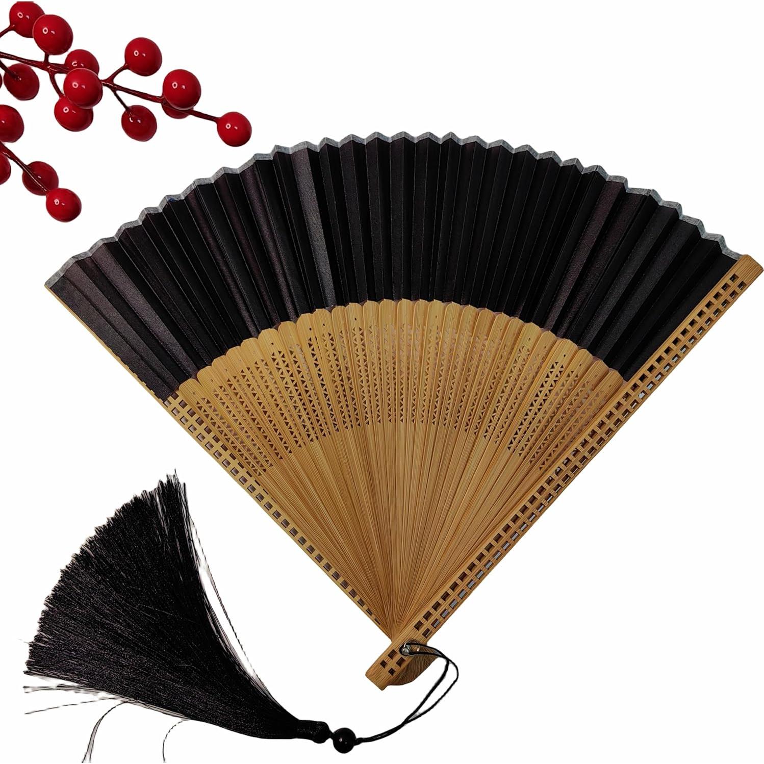 Abanico Plegable de Mano Sarkovos Seda y Bambú 22cm Negro