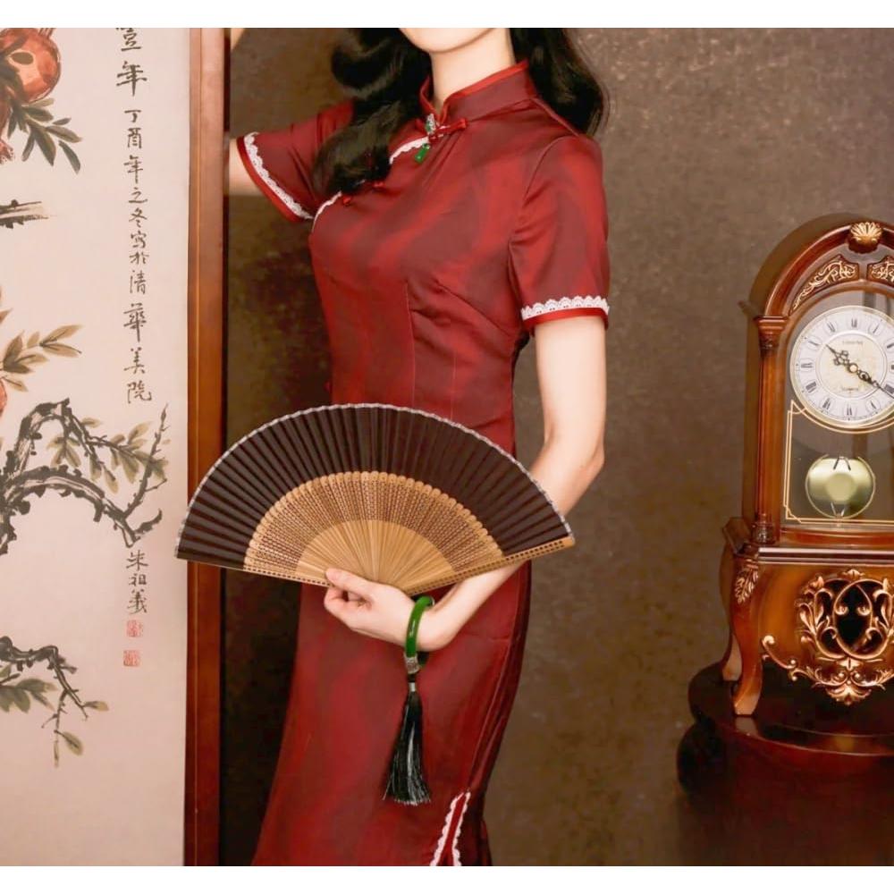 Abanico Plegable de Mano Sarkovos Seda y Bambú 22cm Negro