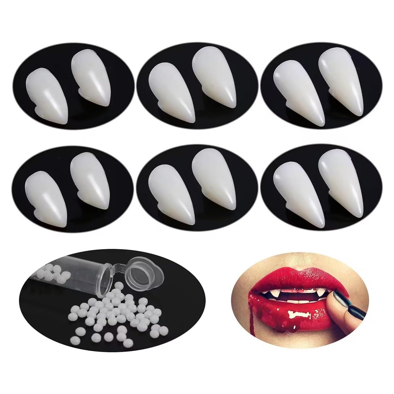 6 Pares Dientes de Vampiro Colmillos con Adhesivo Halloween