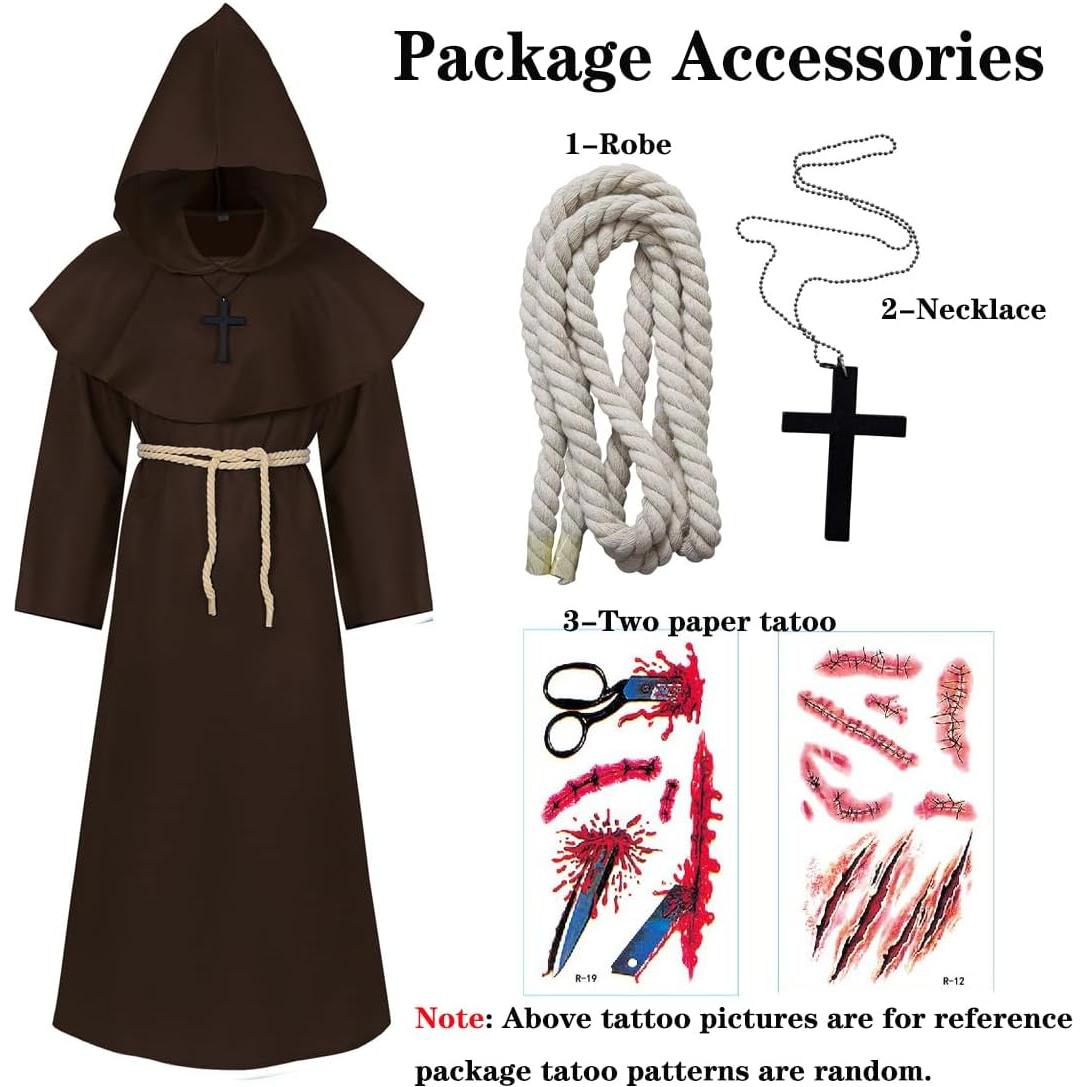 Túnica Medieval Unisex con Capucha y Collar - Disfraz Halloween