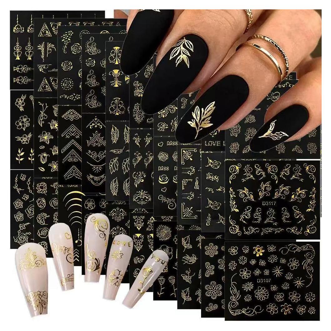 Calcomanías de Uñas Doradas 3D XMMXNBJ - 30 Hojas Autoadhesivas