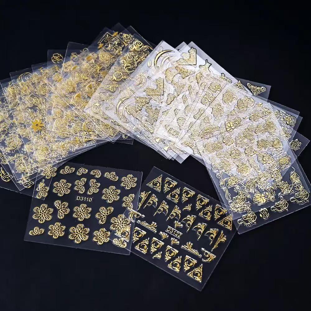 Calcomanías de Uñas Doradas 3D XMMXNBJ - 30 Hojas Autoadhesivas
