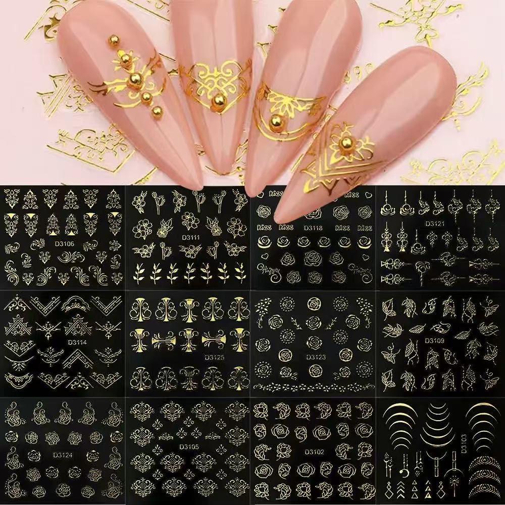 Calcomanías de Uñas Doradas 3D XMMXNBJ - 30 Hojas Autoadhesivas