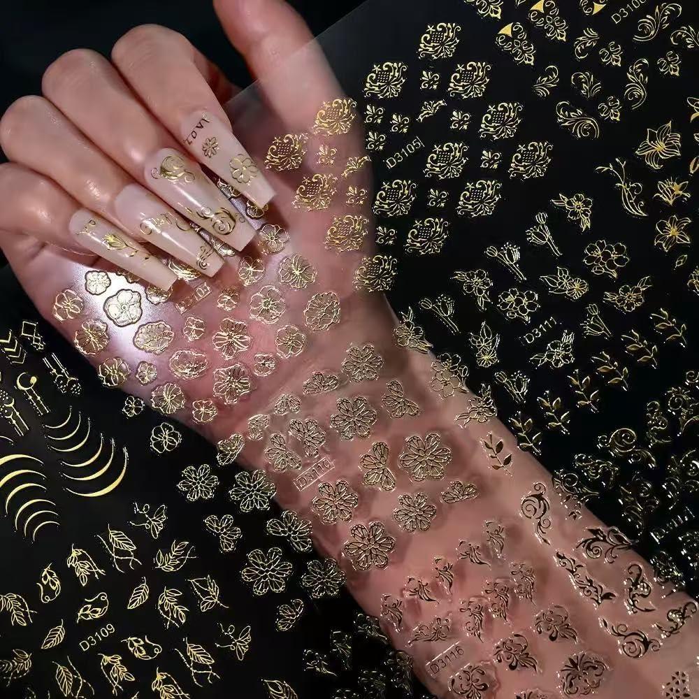 Calcomanías de Uñas Doradas 3D XMMXNBJ - 30 Hojas Autoadhesivas
