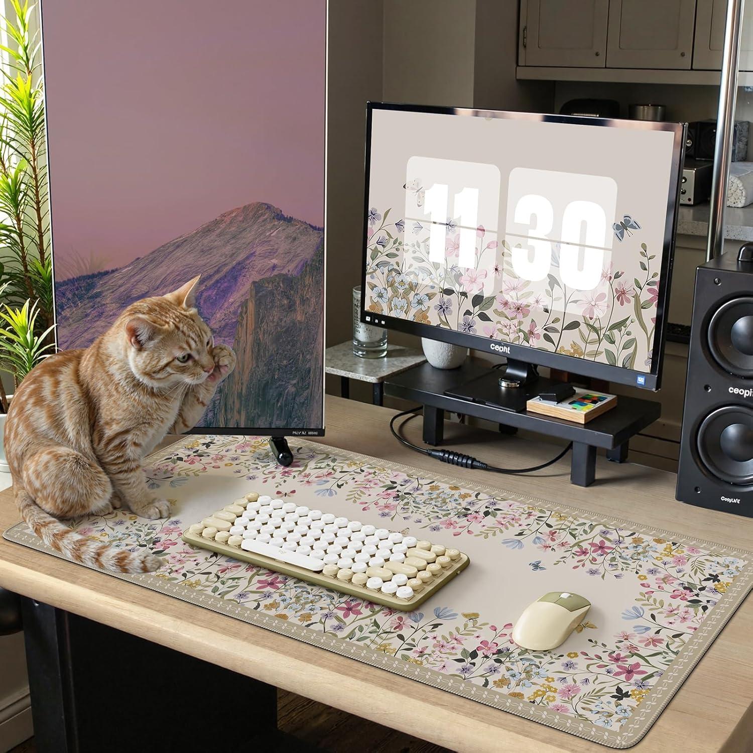 Alfombrilla de Ratón XXL iCasso Beige Floral Antideslizante