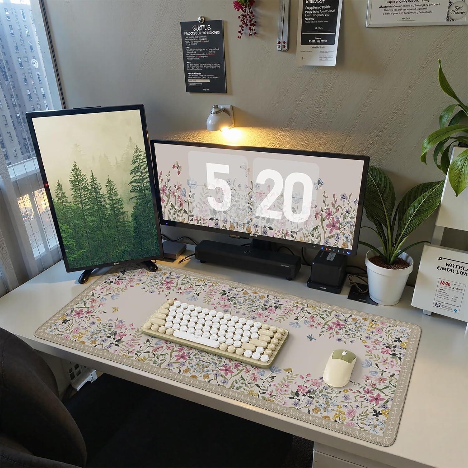 Alfombrilla de Ratón XXL iCasso Beige Floral Antideslizante