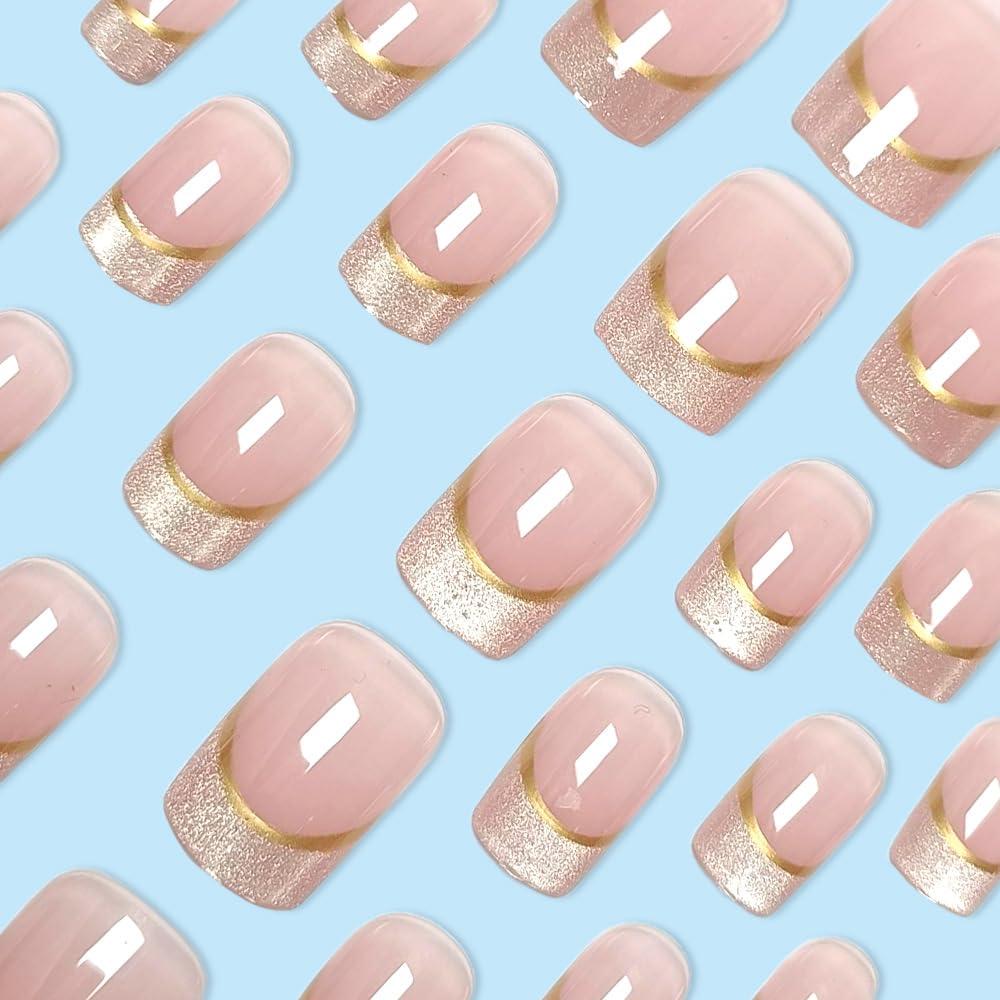 Uñas Postizas Cortas Cuadradas KAICCOSO 24 Pcs Punta Francesa