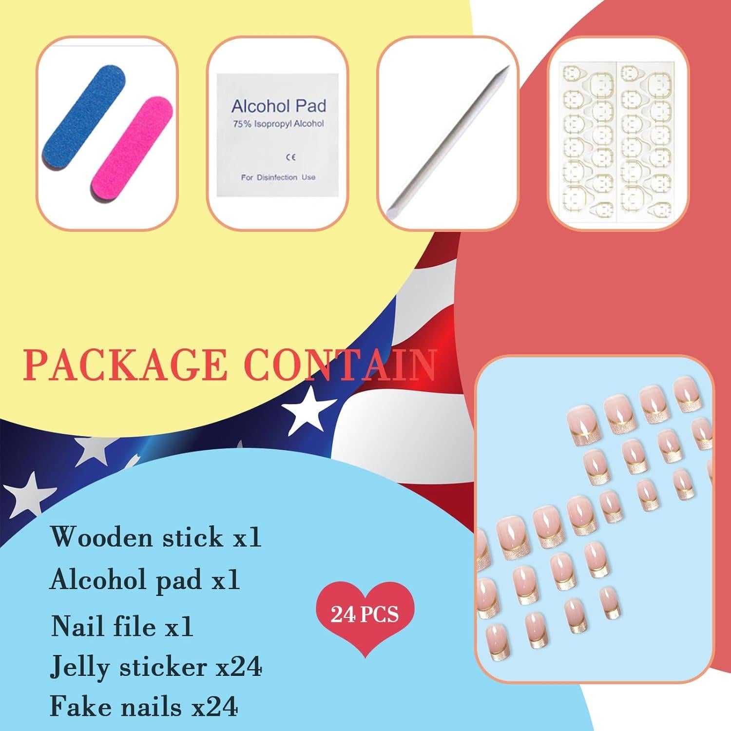 Uñas Postizas Cortas Cuadradas KAICCOSO 24 Pcs Punta Francesa