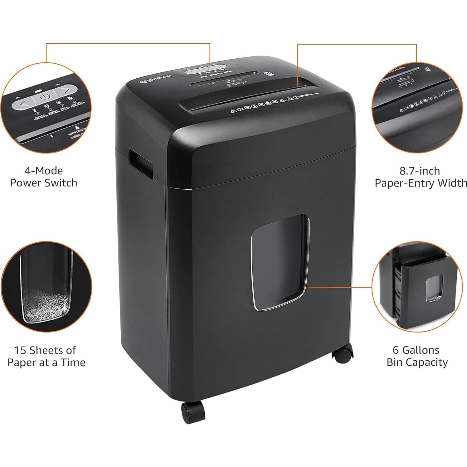 Trituradora de Papel Amazon Basics 15 Hojas Corte Cruzado