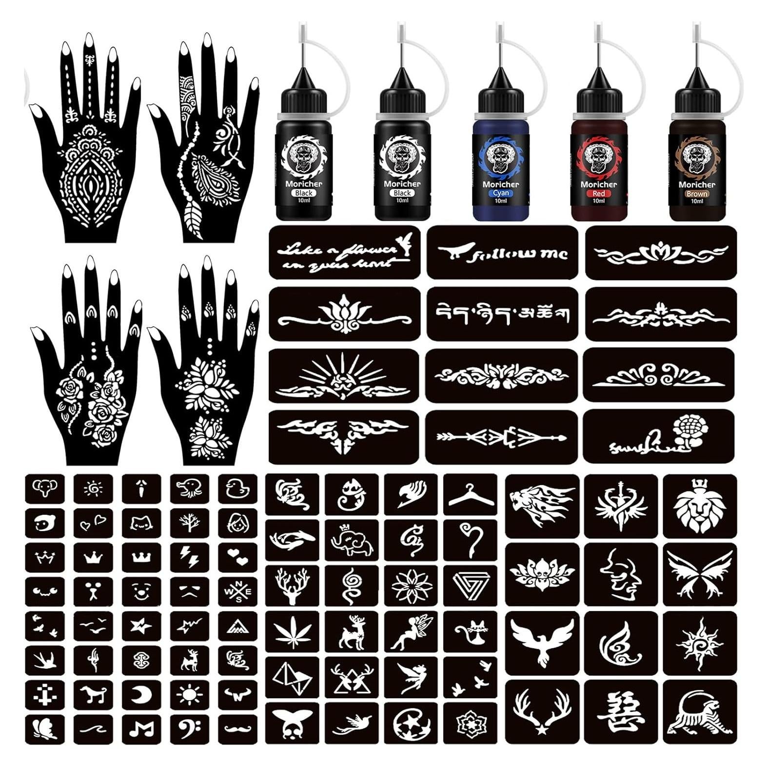 Kit de Tatuajes Temporales Moricher - 5 Tintas y 96 Plantillas