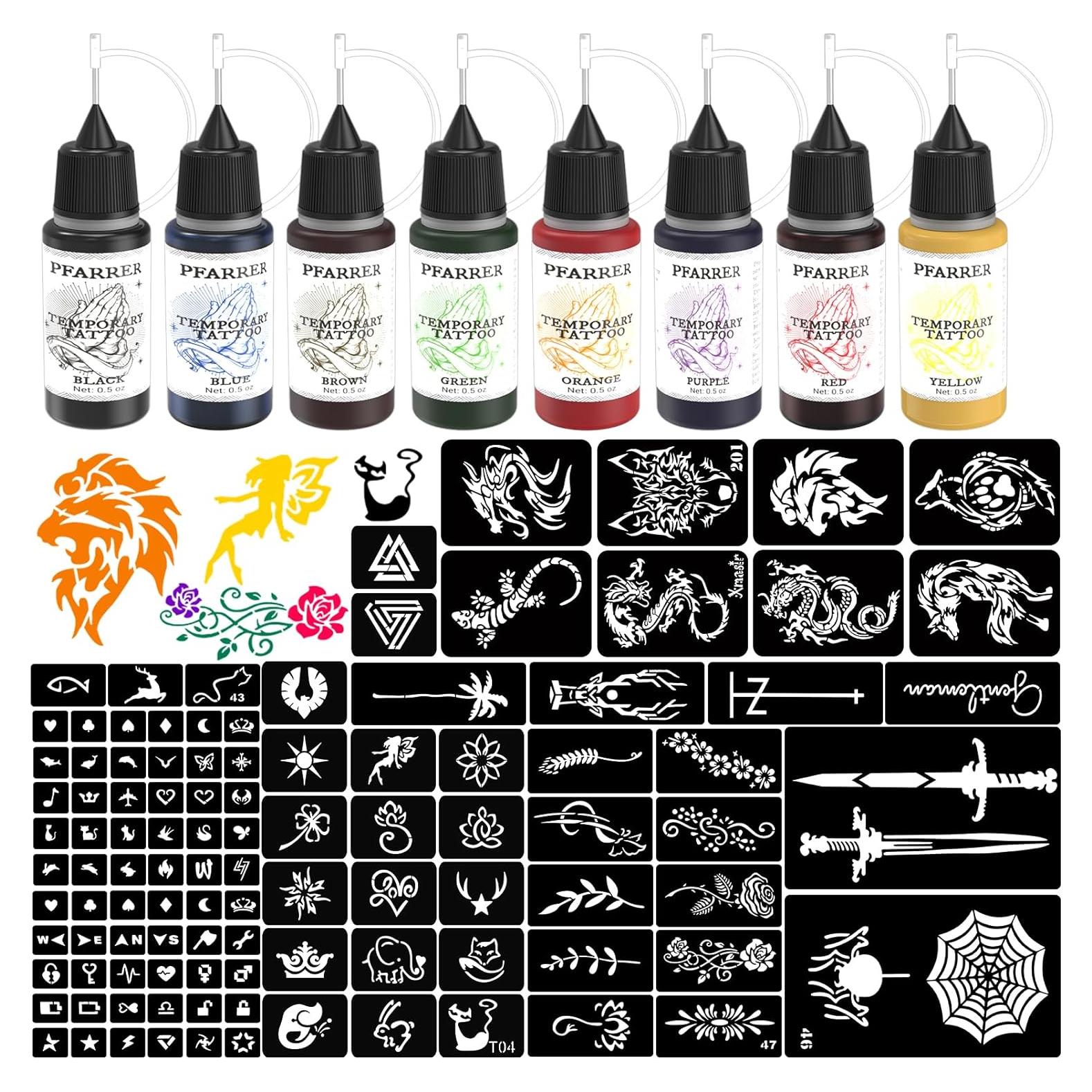 Kit de Tatuajes Temporales PFARRER 8 Botellas Tinta DIY 105 Piezas