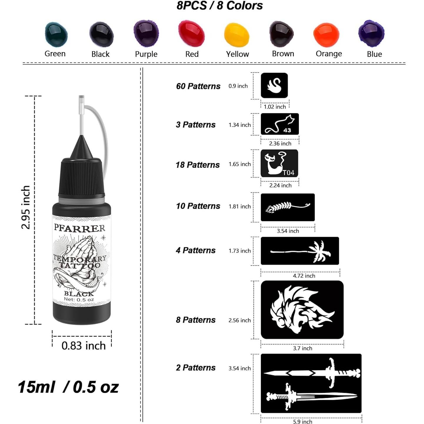 Kit de Tatuajes Temporales PFARRER 8 Botellas Tinta DIY 105 Piezas