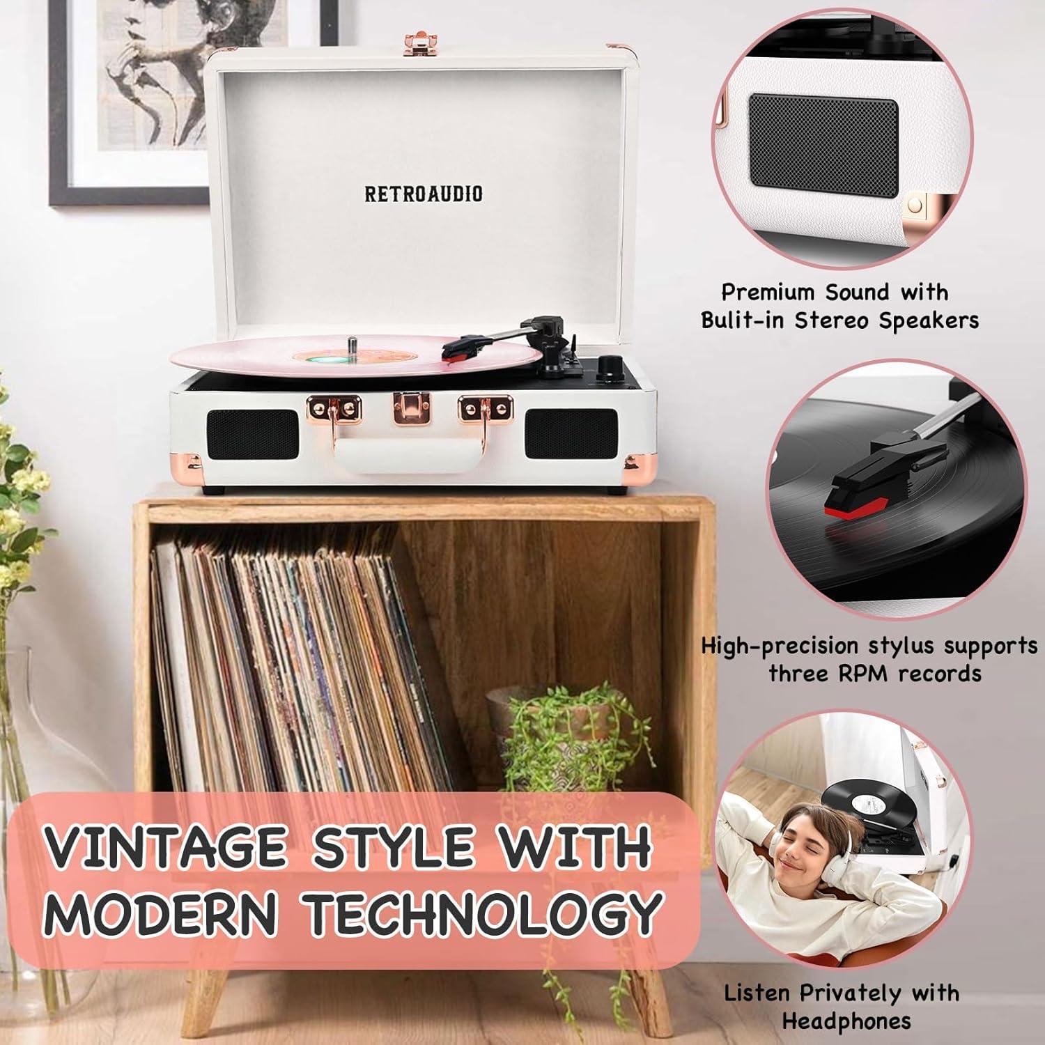 Reproductor de Vinilo RetroAudio Maleta Bluetooth 3 Velocidades