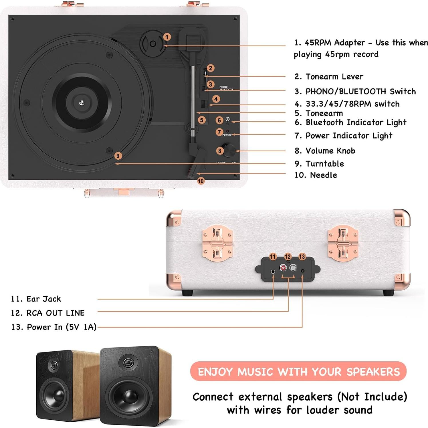 Reproductor de Vinilo RetroAudio Maleta Bluetooth 3 Velocidades