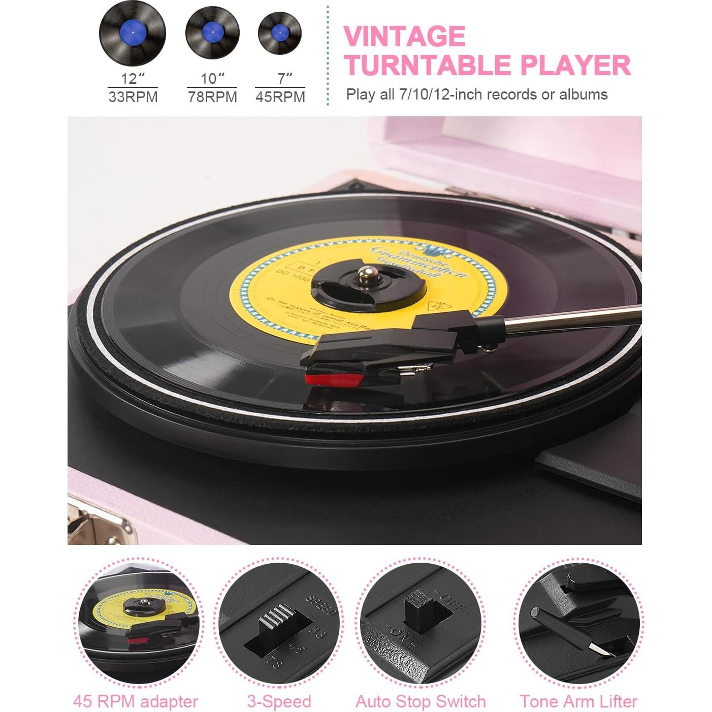 Reproductor de Vinilo TANLANIN TE-001DPW Rosa Acuarela Bluetooth